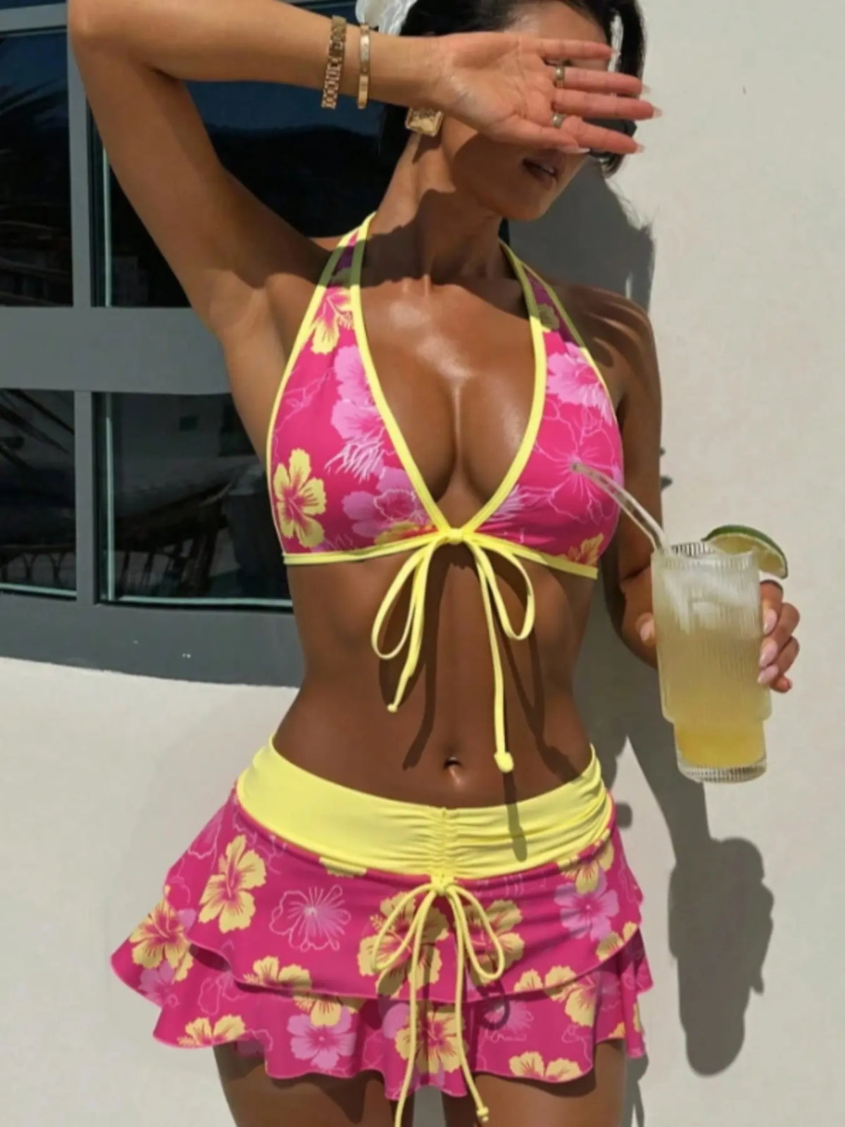 Pink Floral Halter Bikini Top and Ruffle Skirt Set