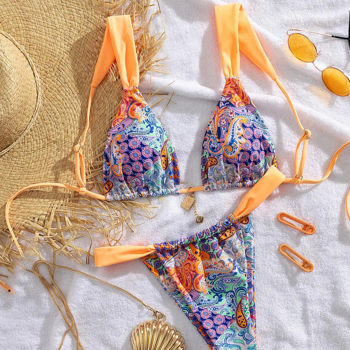 Paisley Print Triangle Bikini with Blue Ties