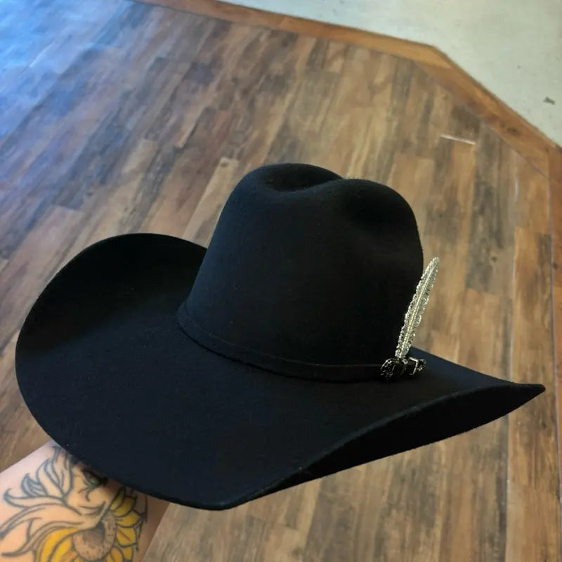 Black Felt Wide-Brim Western Hat with Feather