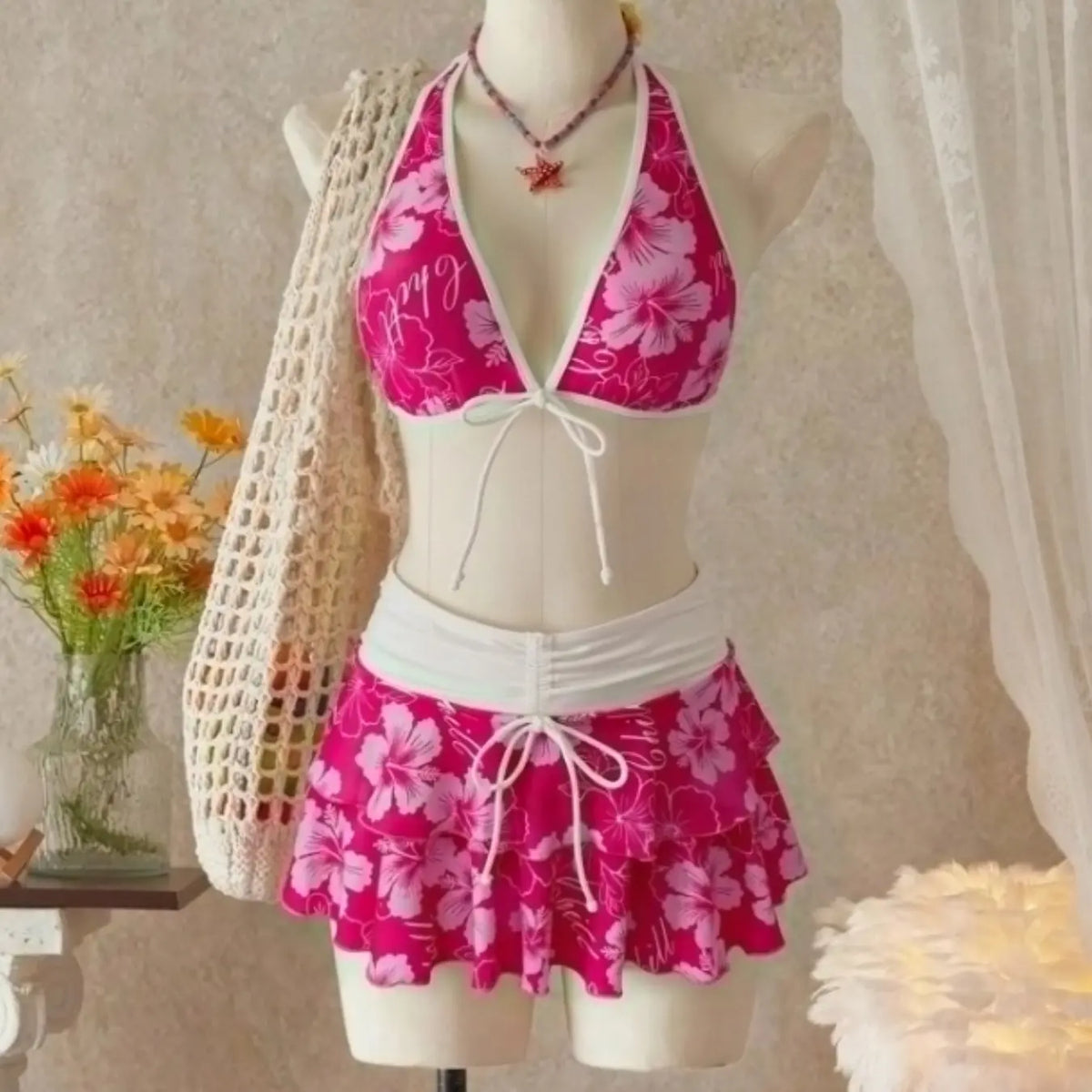 Pink Floral Halter Bikini Top and Ruffle Skirt Set