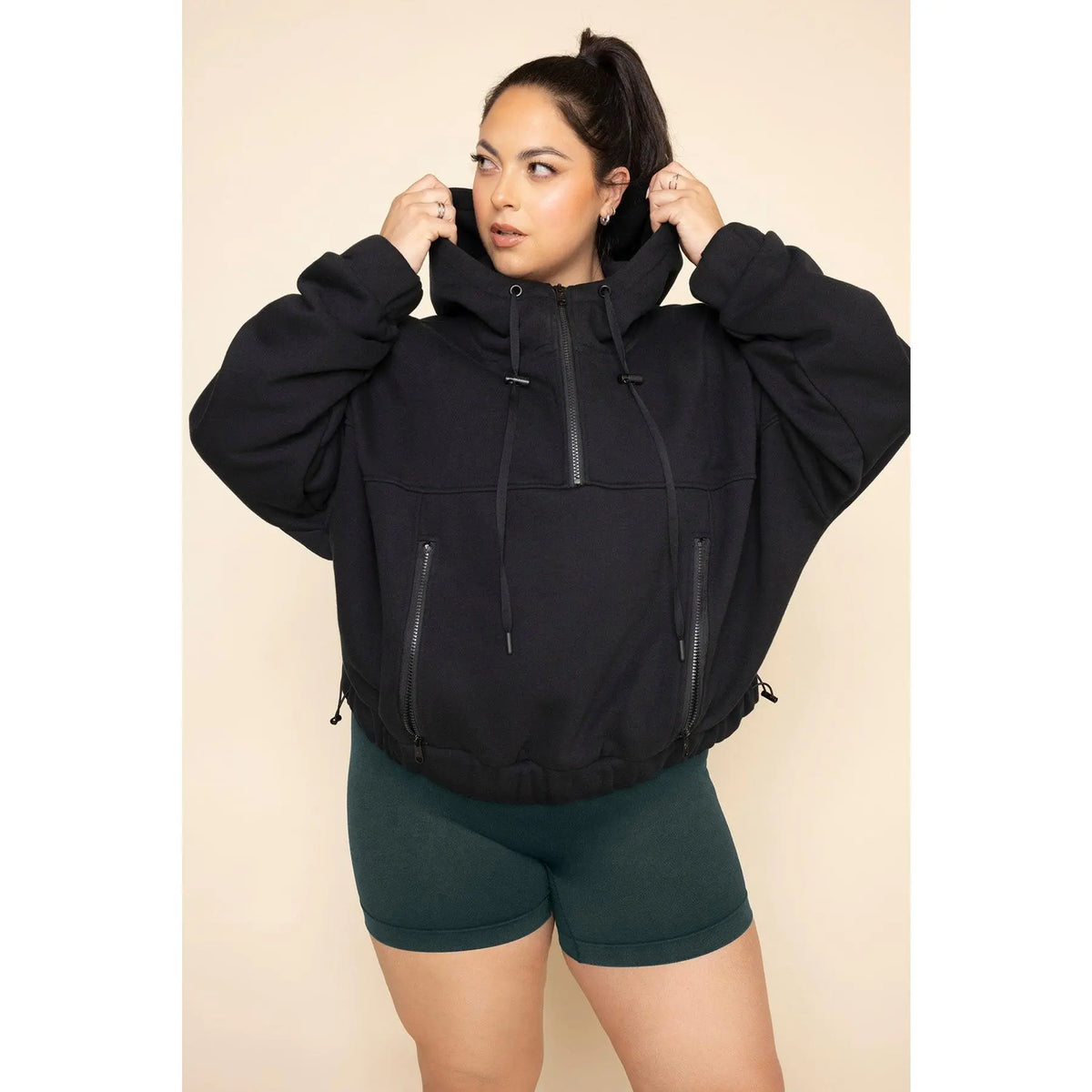 Black Half-Zip Cropped Hoodie with Drawcord Hem