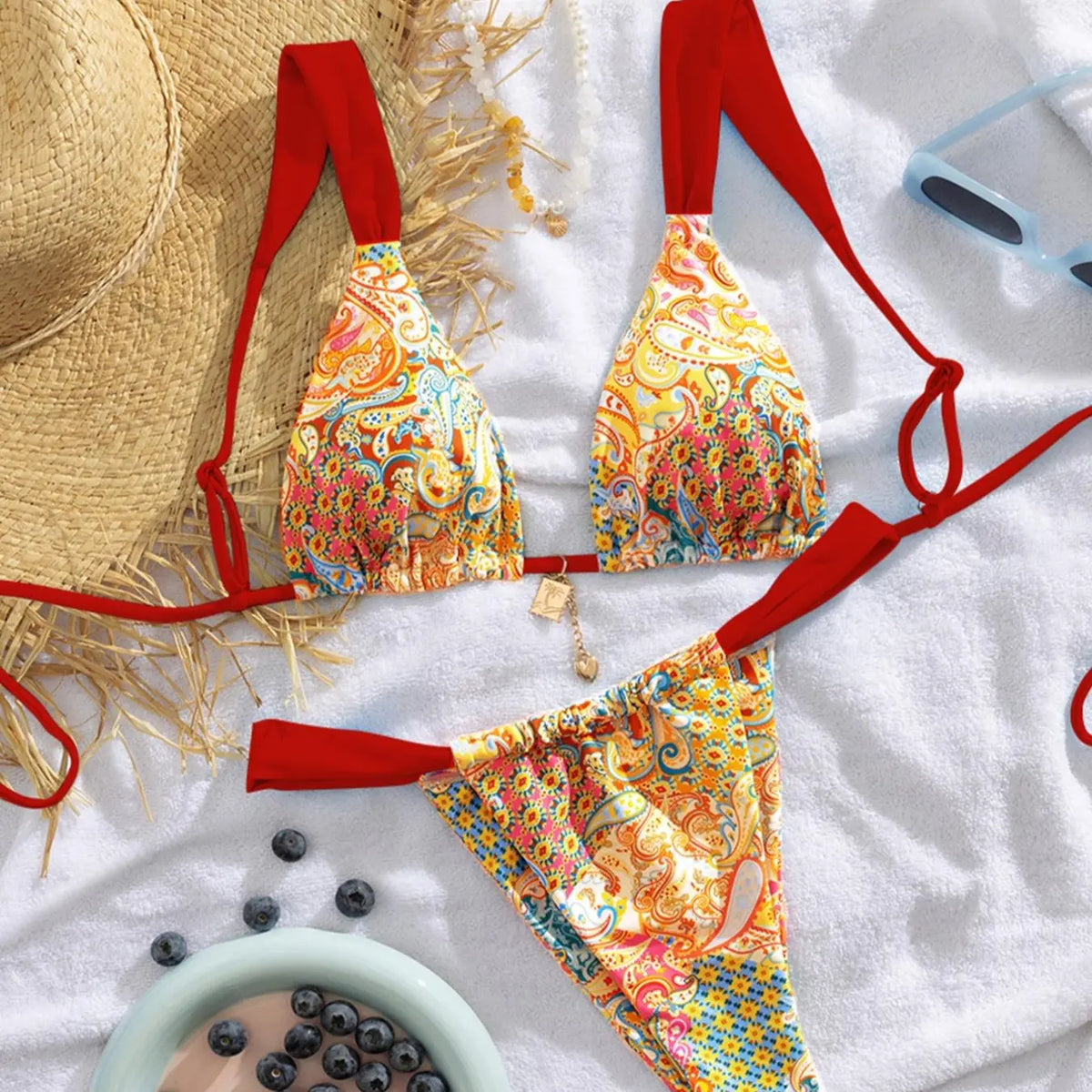 Paisley Print Triangle Bikini with Blue Ties