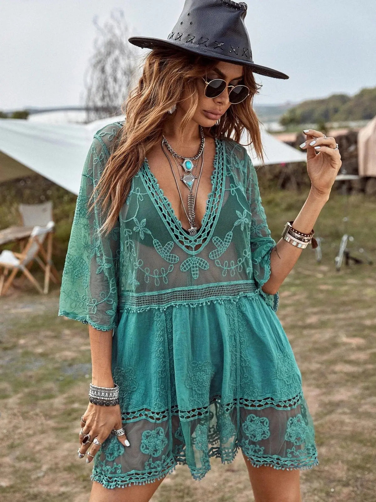 Teal Lace Deep V Short Cover-Up Dress