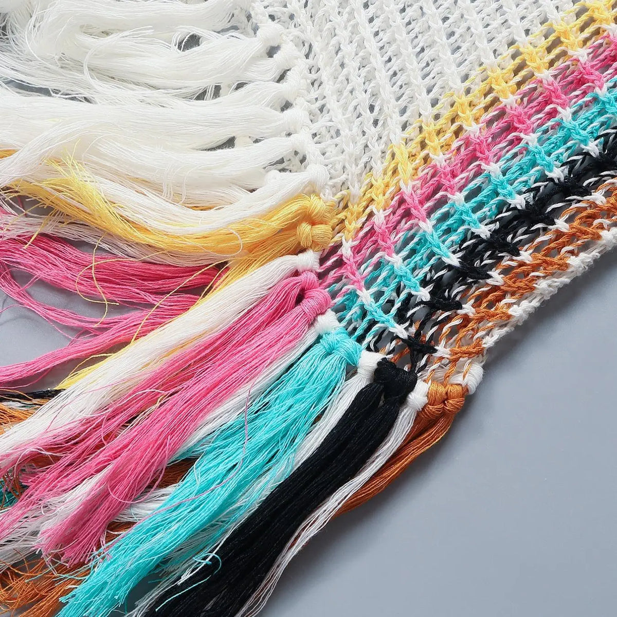 White Open-Knit Long Cover-Up With Rainbow Stripes and Fringe
