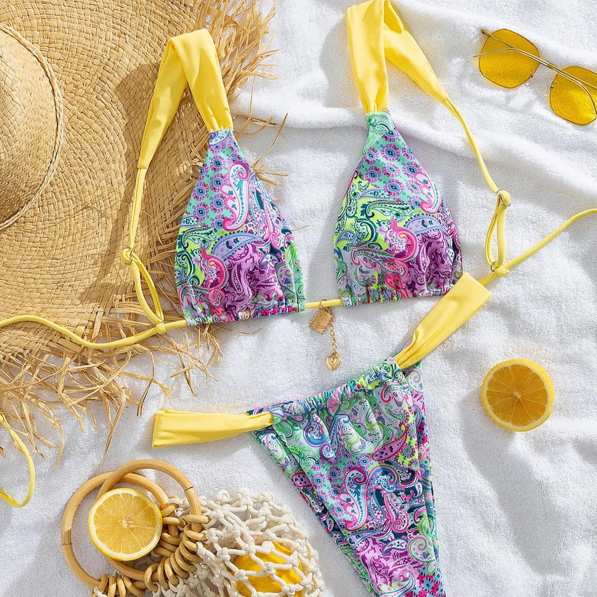 Paisley Print Triangle Bikini with Blue Ties