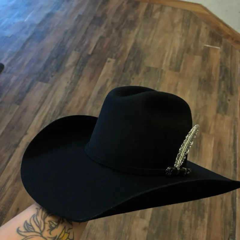 Black Felt Wide-Brim Western Hat with Feather