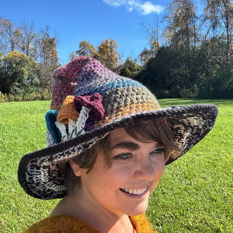 Crocheted Multicolour Wide Brim Witch Hat