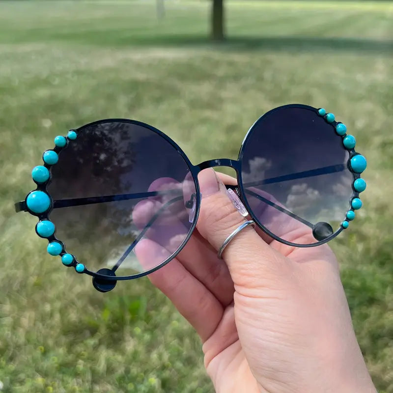 Oversized Round Sunglasses with Turquoise Beads
